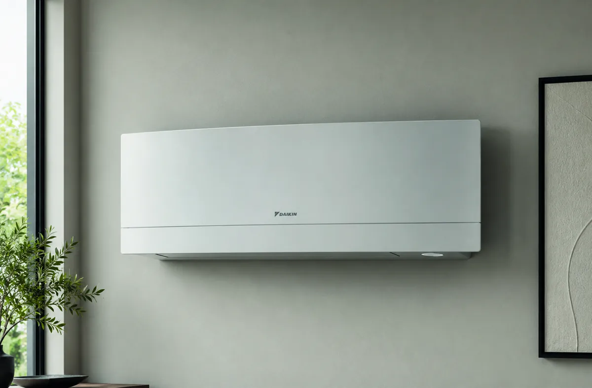 Witte Daikin airco aan de muur naast een raam met plant